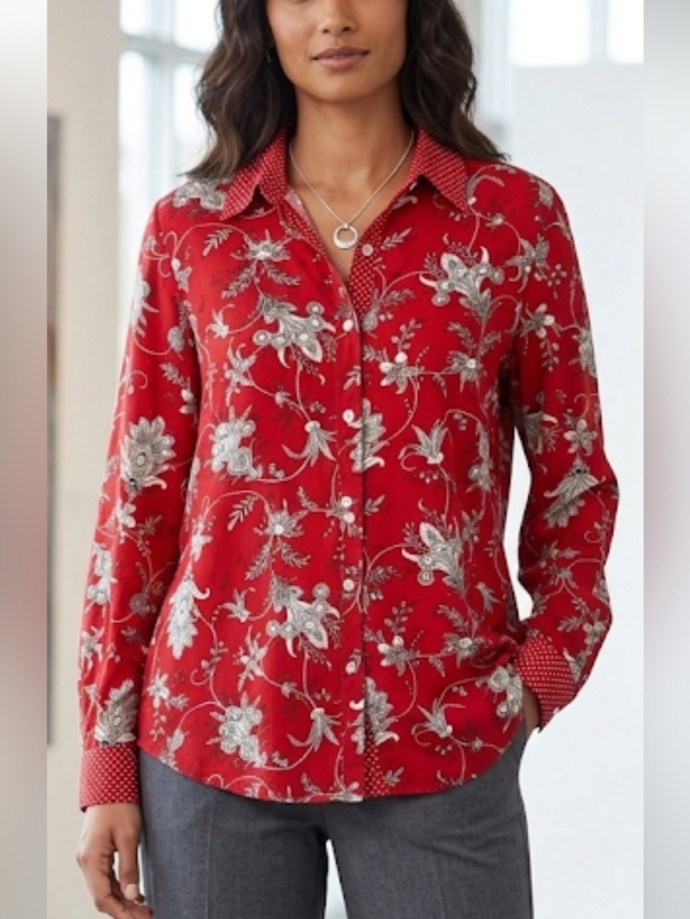 Susan Graver Red & White Floral Polka Dot Blouse Women’s Medium